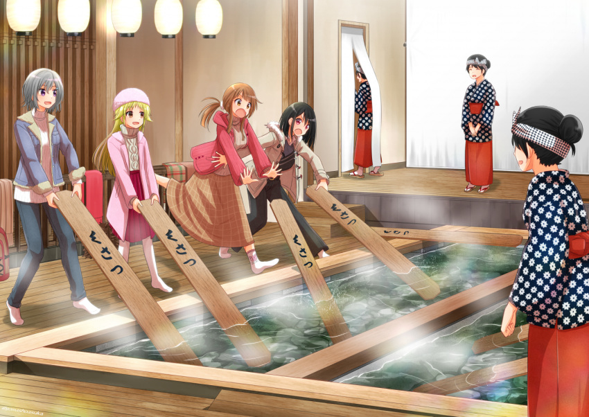 6+girls, :o, black_hair, black_pants, blonde_hair, blue_coat, brown_eyes, brown_hair