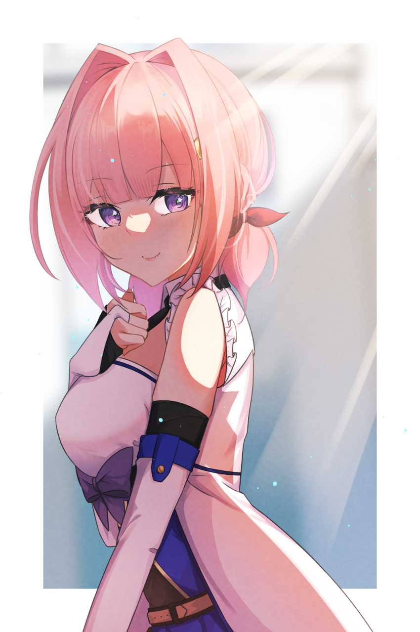 1girl, absurdres, assault_lily, backlighting, bangs, bare_shoulders, belt, black_necktie