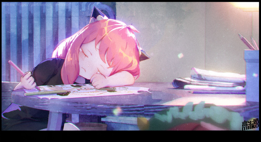 1girl, anya_(spy_x_family), anya_forger, arm_pillow, artist_name, bangs, black_border, black_dress