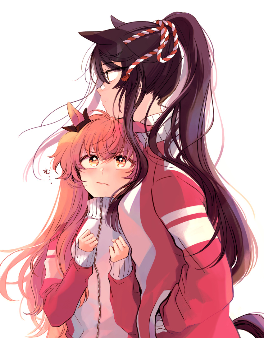 2girls, absurdres, animal_ears, bandaid, bandaid_on_face, bandaid_on_nose, black_hair, blush, ear_ornament, hand_in_pocket, head_on_head, head_rest, highres, horse_ears, horse_girl, horse_tail, horseshoe_ornament, long_hair, mayano_top_gun_(umamusume), multiple_girls, narita_brian_(umamusume), orange_eyes, orange_hair, ponytail, ribbon, tail, tracen_track_uniform, umamusume, yellow_eyes, yonu_(yonurime), yuri