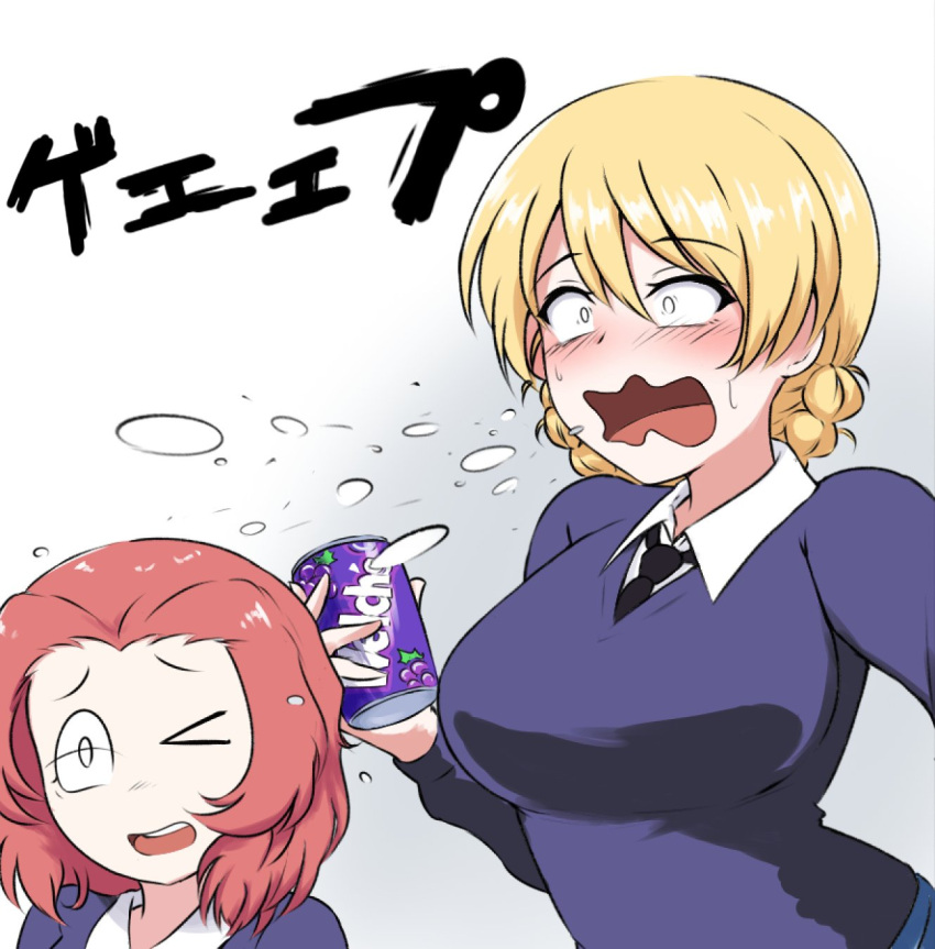 2girls, armorganger, bangs, black_necktie, blonde_hair, blue_shirt, blush, braid