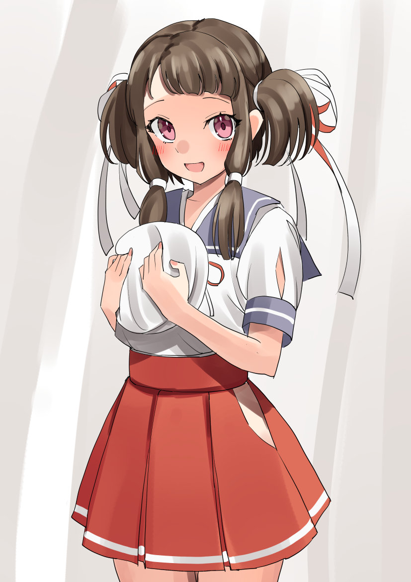 1girl, black_hair, blush, cowboy_shot, hat, holding, holding_clothes, holding_hat, kantai_collection, kurahashi_(kancolle), long_hair, mayura2002, open_mouth, pleated_skirt, red_skirt, sailor_hat, short_sleeves, skirt, smile, solo, twintails, violet_eyes, white_headwear