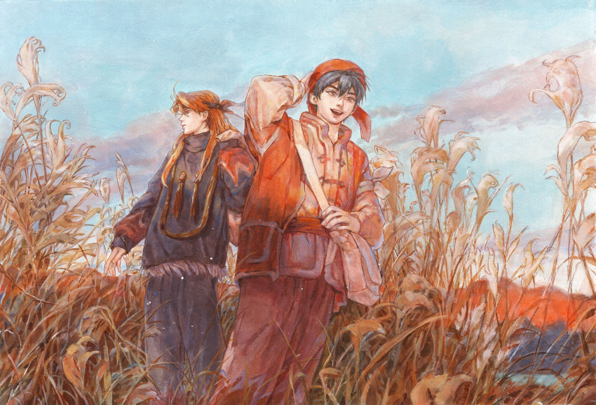 2boys, ahoge, arm_at_side, armband, bag, bandana, bangs, black_hair