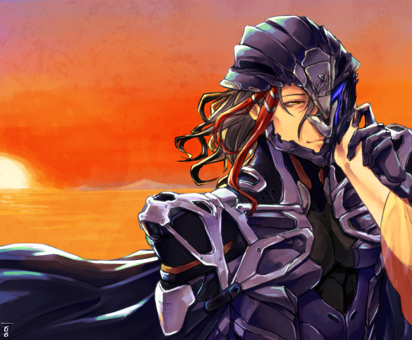1boy, 1other, cracked_helmet, fate/grand_order, fate_(series), hyackban, male_focus, multicolored_hair