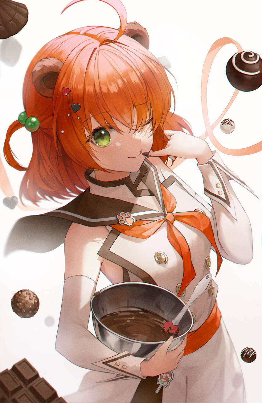 1girl, ;q, absurdres, ahoge, animal_ears, black_sailor_collar, bowl, cake, chocolate, closed_mouth, crystalherb, detached_sleeves, food, ginger_(grimlight), gradient, gradient_background, green_eyes, grey_background, grimlight, hair_between_eyes, hair_bobbles, hair_ornament, highres, holding, holding_bowl, looking_at_viewer, neckerchief, one_eye_closed, red_neckerchief, redhead, sailor_collar, short_hair, smile, tongue, tongue_out, white_sleeves