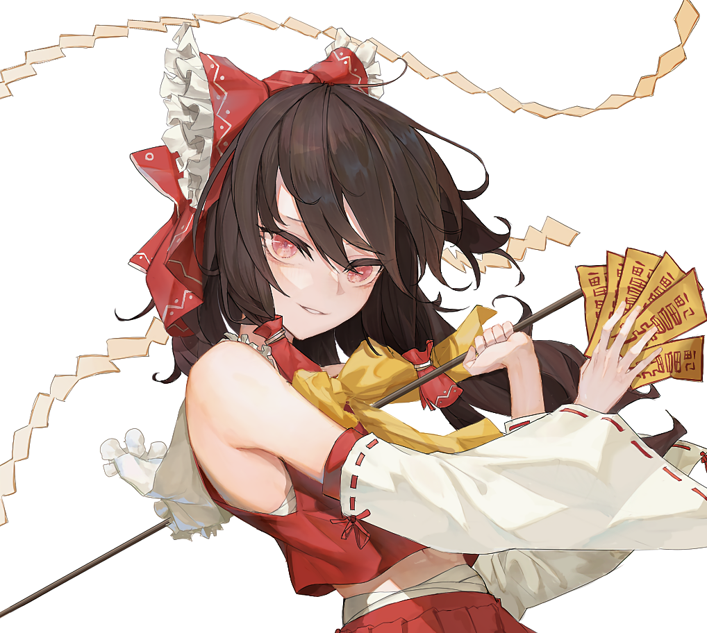 1girl, alternate_eye_color, arms_up, bandages, bangs, bare_shoulders, bell, bow