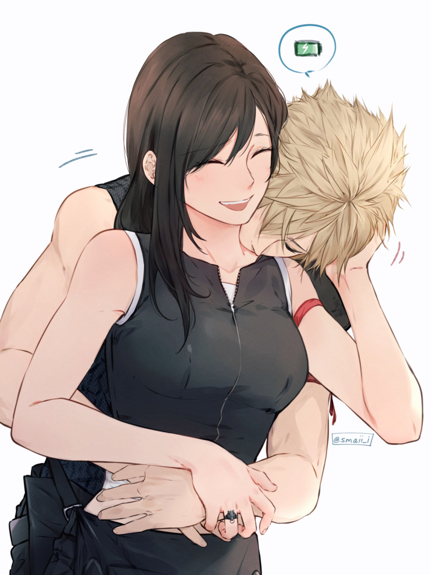 1boy, 1girl, apron, arm_ribbon, bare_shoulders, black_hair, blonde_hair, breasts