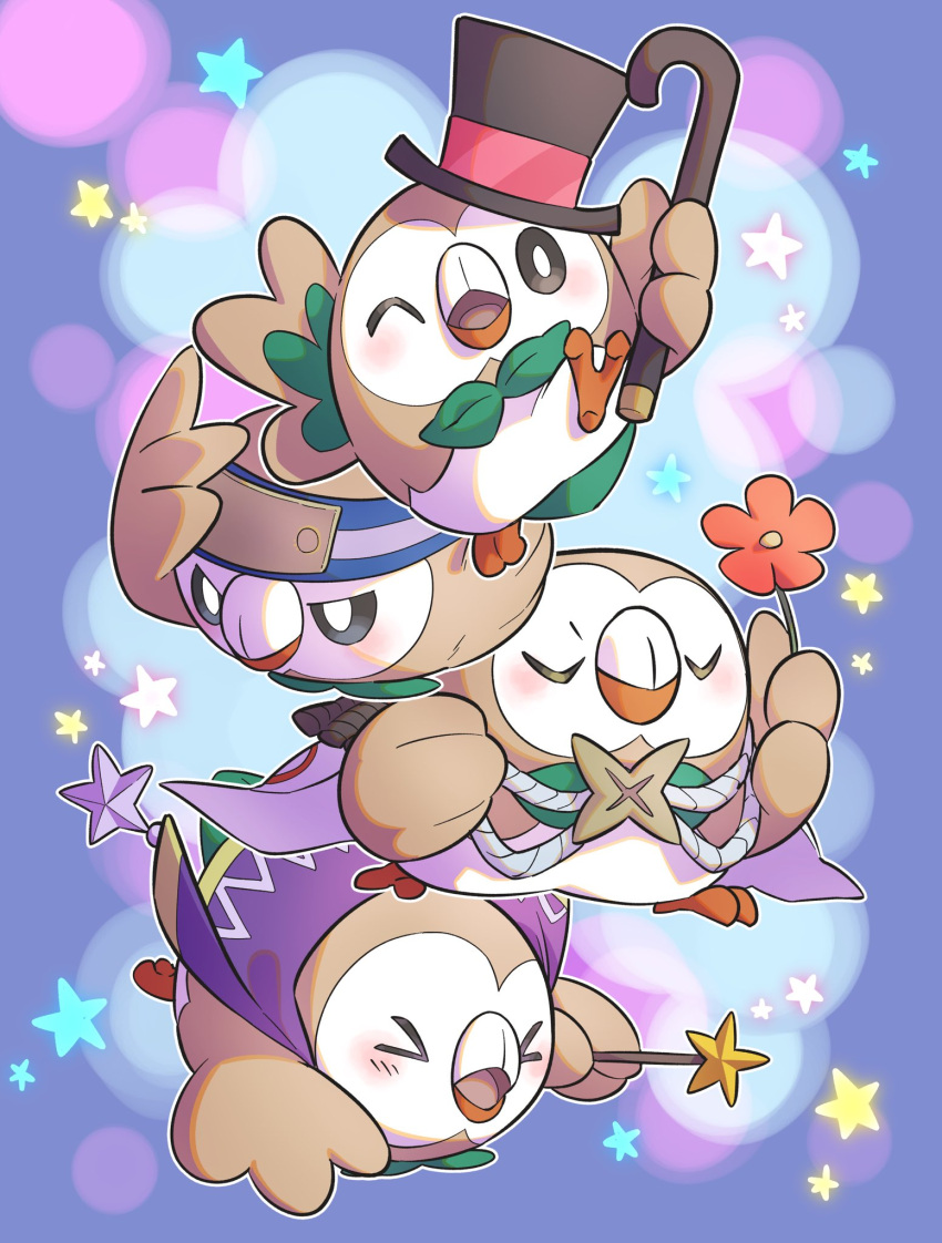 >_<, blush, cane, closed_eyes, closed_mouth, commentary_request, flower, hat, hatted_pokemon, headband, highres, holding, holding_cane, holding_flower, holding_wand, no_humans, pkpokopoko3, pokemon, pokemon_(creature), rowlet, star_(symbol), top_hat, u_u, wand