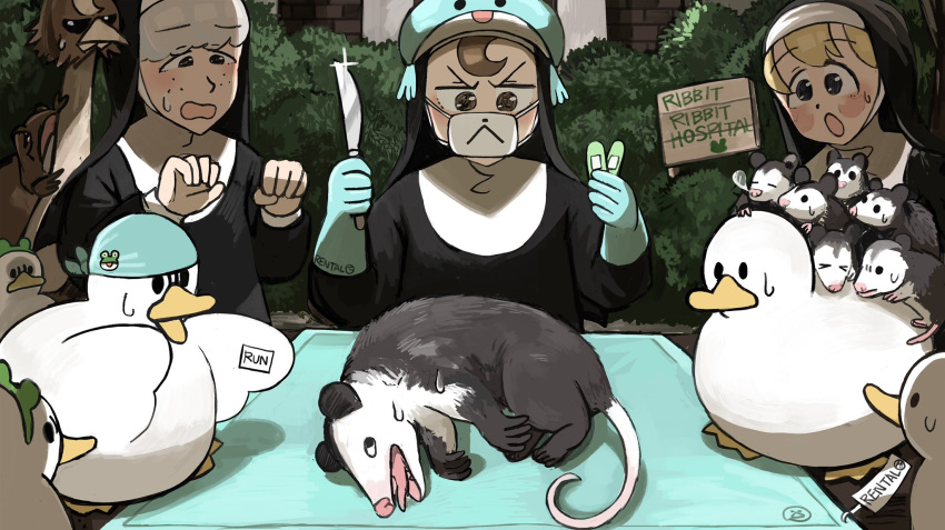 3girls, :<, :o, animal, animal_on_back, bandaid, bandana, bird