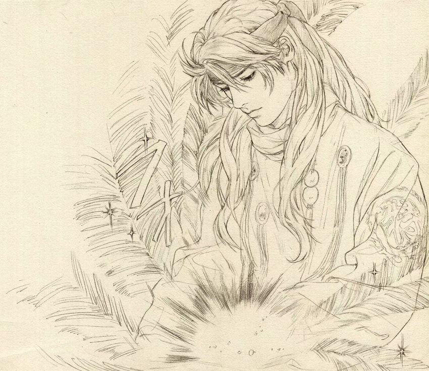 1boy, bangs, chopping, chuuka_ichiban!, closed_mouth, cooking, food, glowing