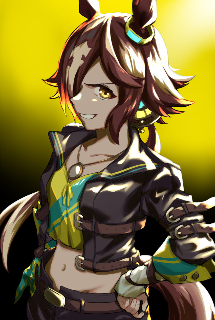 1girl, :d, animal_ears, bangs, belt, black_jacket, black_shorts, brown_hair
