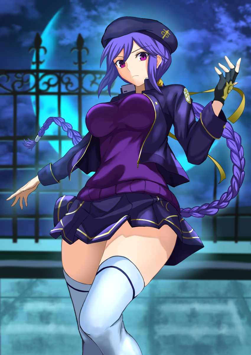 1girl, absurdres, black_gloves, braid, breasts, closed_mouth, clouds, commentary_request
