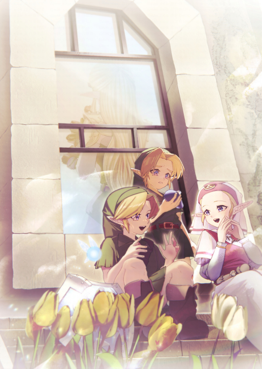 2boys, 2girls, bangs, belt, blonde_hair, blue_eyes, boots, dress