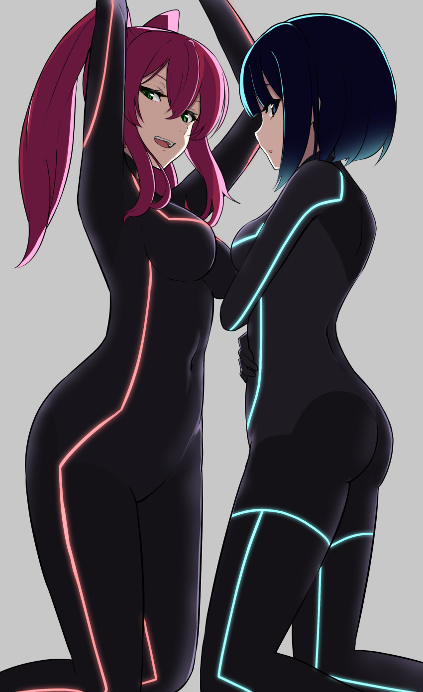 2girls, absurdres, blue_eyes, blue_hair, bodysuit, breasts, duel_monster, evil_twin_ki-sikil