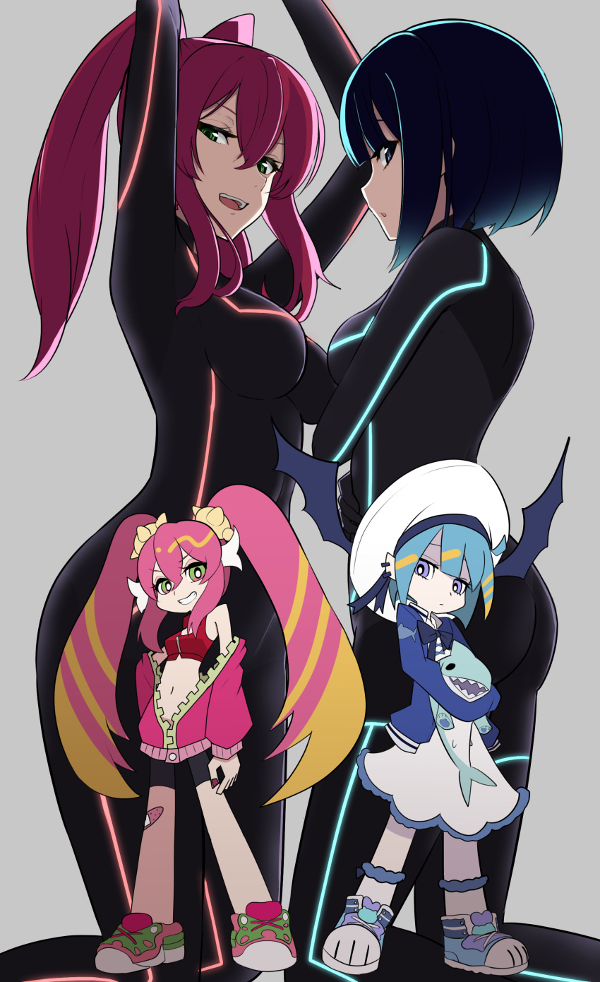 2girls, absurdres, bandages, bike_shorts, blonde_hair, blue_eyes, blue_hair, bodysuit