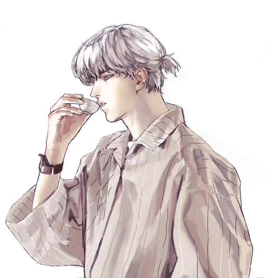 1boy, arm_at_side, bangs, character_request, closed_eyes, collared_shirt, cup, drinking