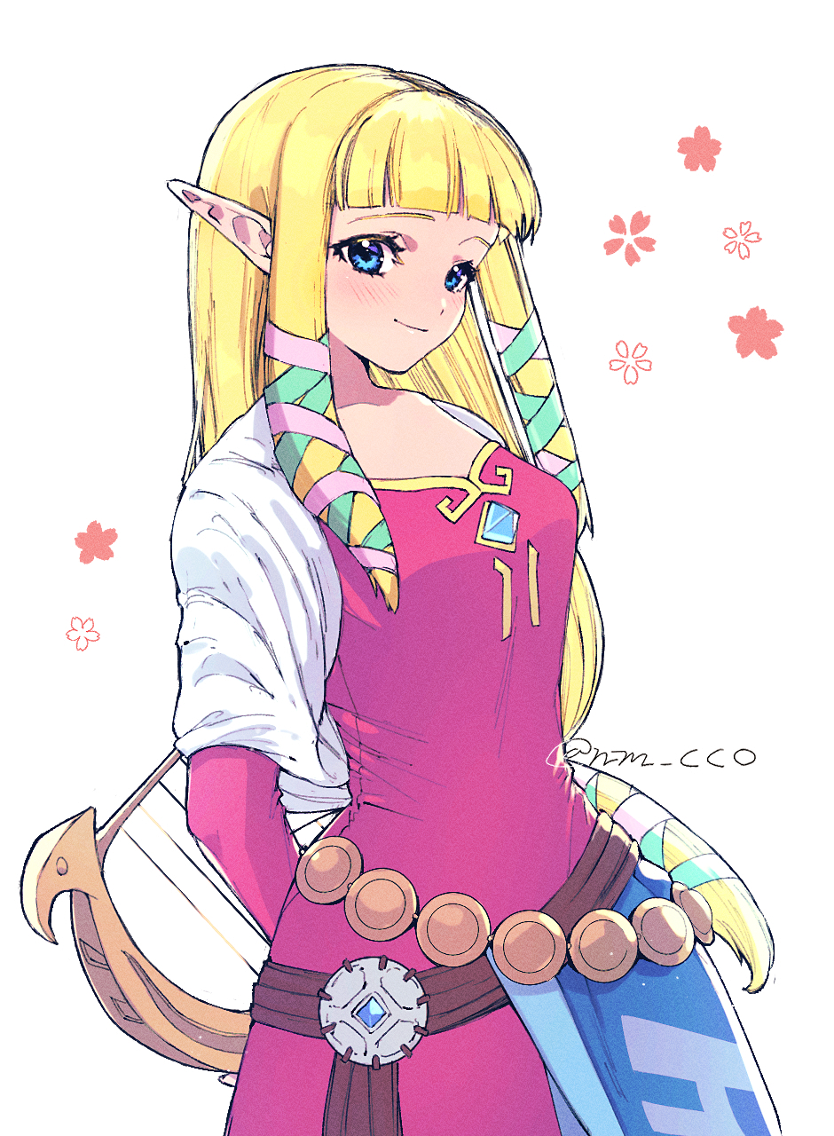 1girl, bangs, blonde_hair, blue_eyes, blunt_bangs, blush, breasts, cherry_blossom_print