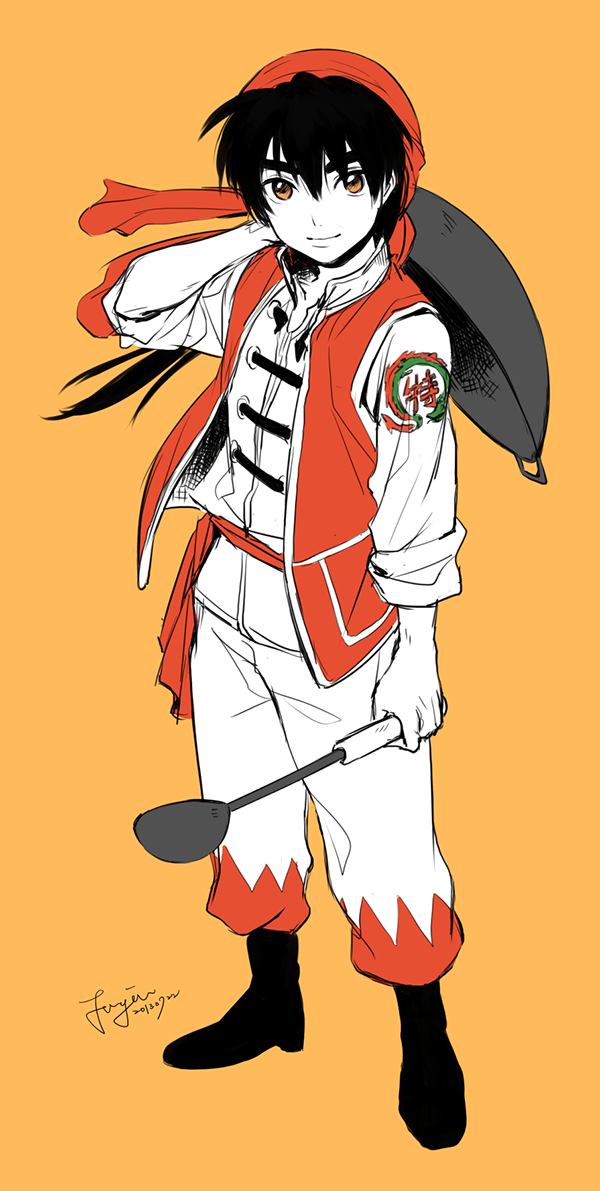 1boy, artist_name, badge, bandana, bangs, black_footwear, boots, carrying_over_shoulder, chinese_clothes, chuuka_ichiban!, closed_mouth, dragon_print, floating_clothes, floating_hair, full_body, holding, holding_ladle, ladle, liu_mao_xing, long_hair, long_sleeves, looking_at_viewer, low_ponytail, male_focus, mikura0319, orange_background, orange_eyes, pants, partially_colored, ponytail, red_headwear, red_vest, sash, shirt, signature, simple_background, sleeves_rolled_up, smile, solo, standing, tangzhuang, toggles, vest, white_pants, white_shirt, wok