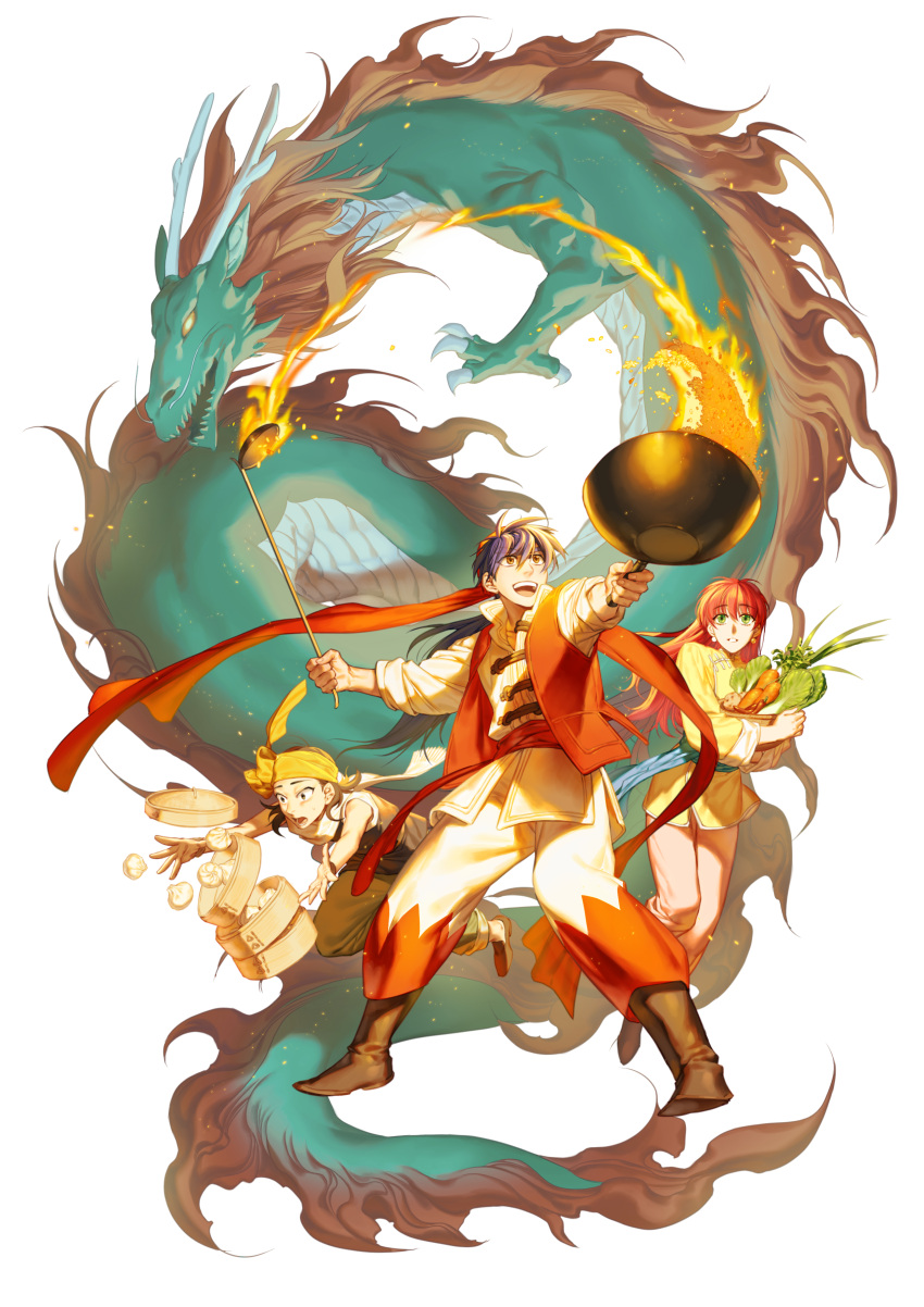 1girl, 2boys, absurdres, bamboo_steamer, bandana, bangs, baozi, basket