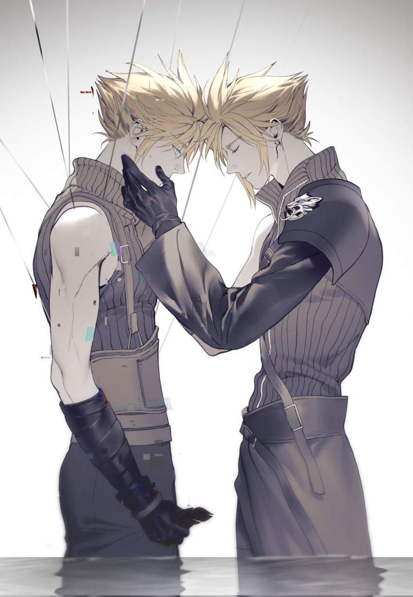2boys, aqua_eyes, armor, belt, black_gloves, blonde_hair, closed_eyes, cloud_strife