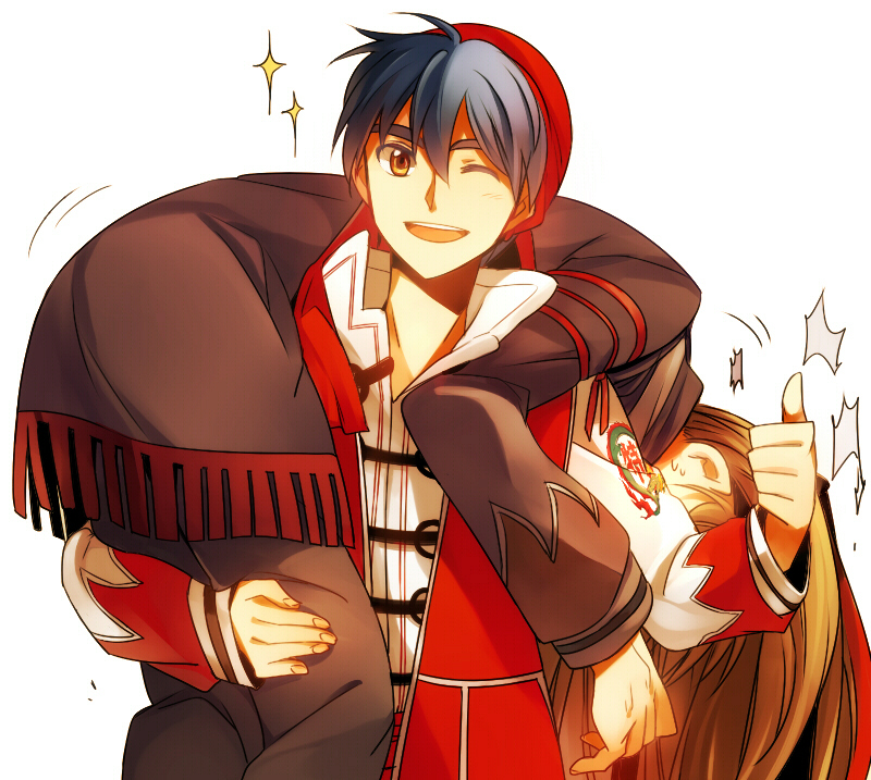 2boys, ;d, aki_(neyuki41028), bandana, bangs, black_pants, black_shirt, blue_hair