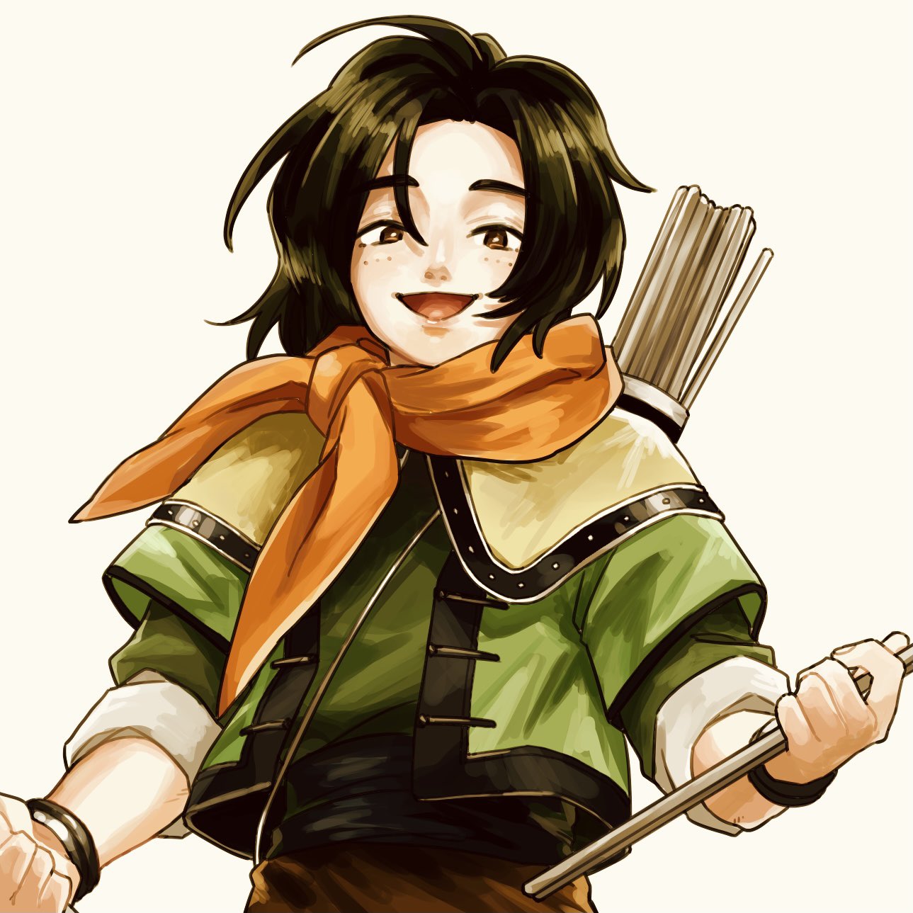 1boy, :d, armor, black_hair, brown_eyes, capelet, chinese_clothes, chopsticks