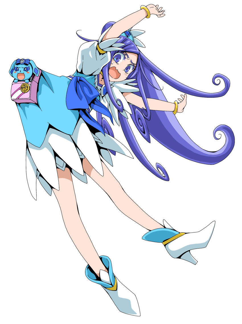 1girl, absurdres, blue_bow, blue_dress, blue_eyes, blue_hair, boots, bow, bracelet, brooch, choker, crystal_earrings, cure_diamond, dokidoki!_precure, dress, earrings, ebura_din, forehead, full_body, hair_ornament, heart_brooch, highres, hishikawa_rikka, jewelry, long_hair, open_mouth, pouch, precure, puffy_short_sleeves, puffy_sleeves, rakeru_(dokidoki!_precure), sash, short_sleeves, simple_background, tiara, very_long_hair, wavy_hair, white_background, white_footwear, yellow_choker