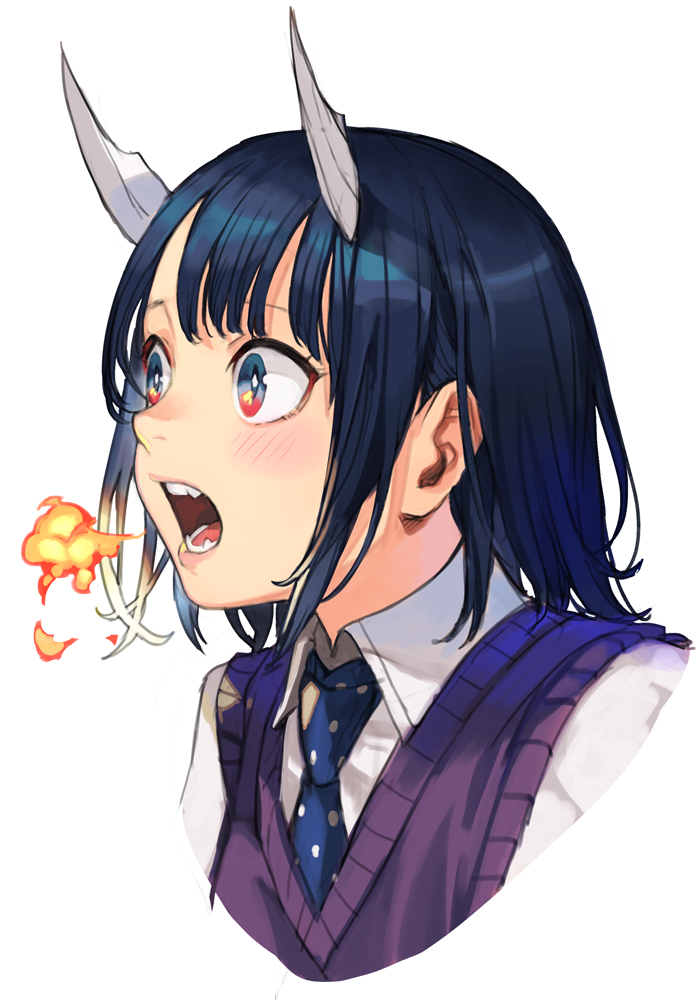 1girl, aoki_ruri, blue_eyes, blue_hair, blush, breathing_fire, dragon_girl, dragon_horns