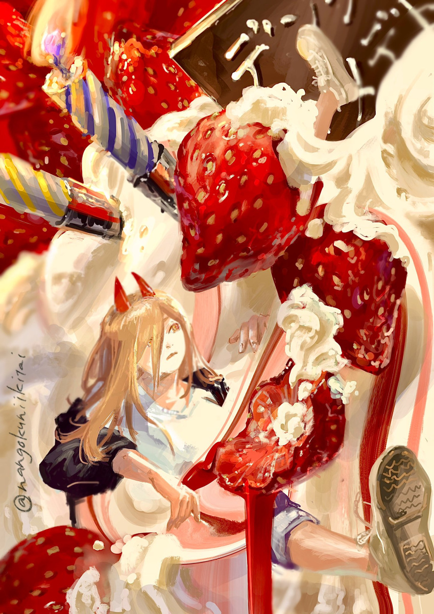 1girl, black_jacket, blonde_hair, brown_footwear, cake, candle, chainsaw_man, fire