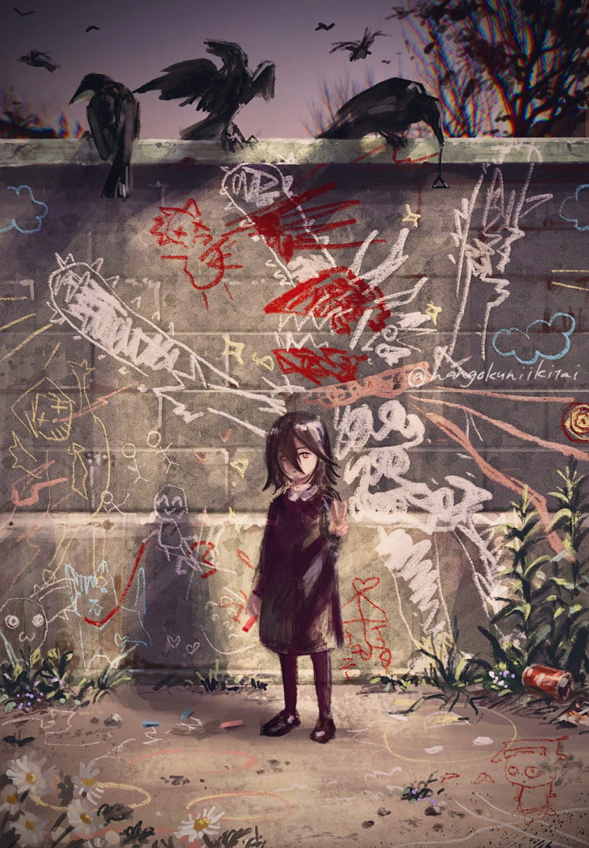 1girl, animal, bird, black_dress, black_footwear, black_hair, bow, brick_wall