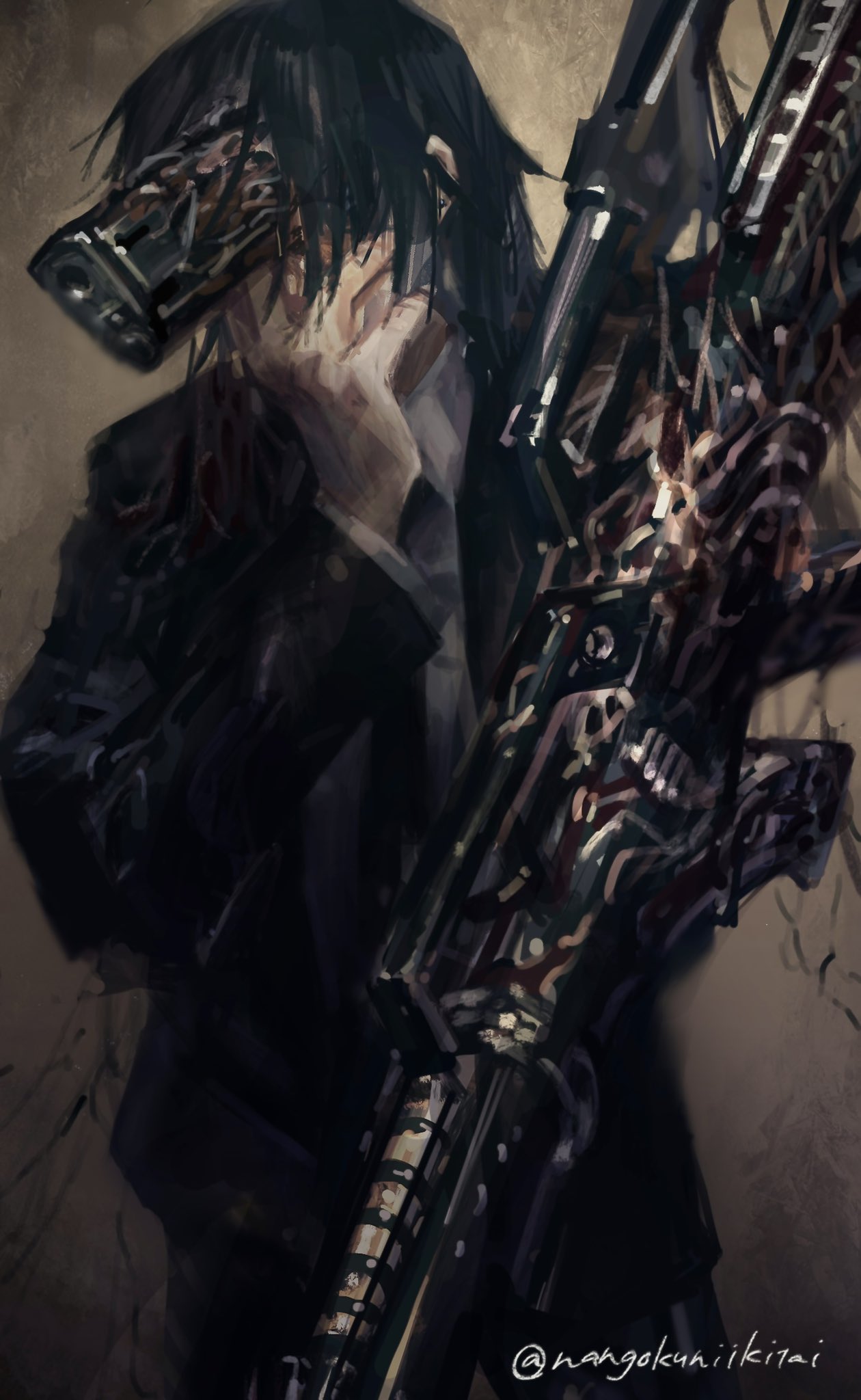 1boy, black_hair, black_necktie, body_horror, chainsaw_man, formal, gun, hand_on_own_face