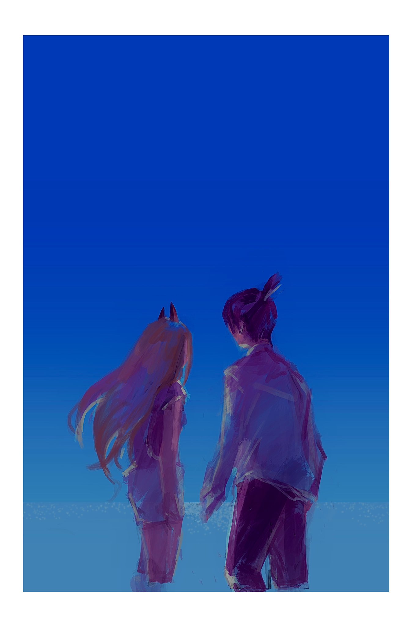 1boy, 1girl, blue_sky, brown_hair, chainsaw_man, earrings, gradient, gradient_sky