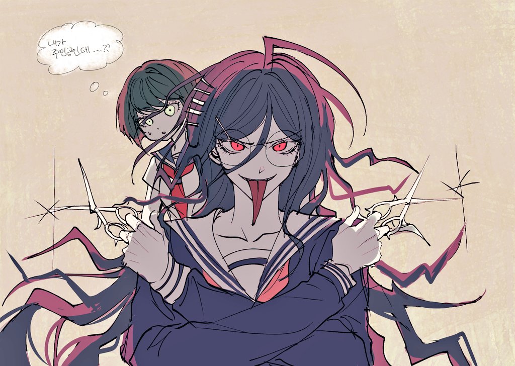 2girls, :o, ahoge, bangs, bibon_(boileddangan), black_hair, black_shirt, blue_sailor_collar
