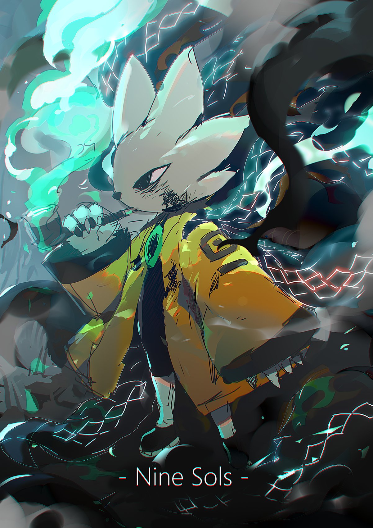 1boy, black_eyes, claws, copyright_name, fingernails, furry, green_smoke, highres