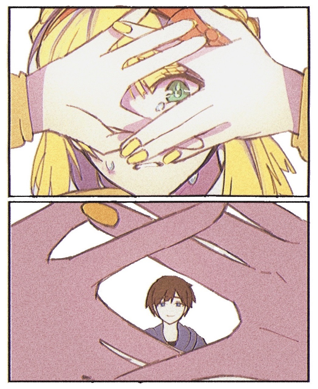 1boy, 1girl, black_shirt, blonde_hair, blue_eyes, blue_hoodie, brown_hair, chinese_commentary