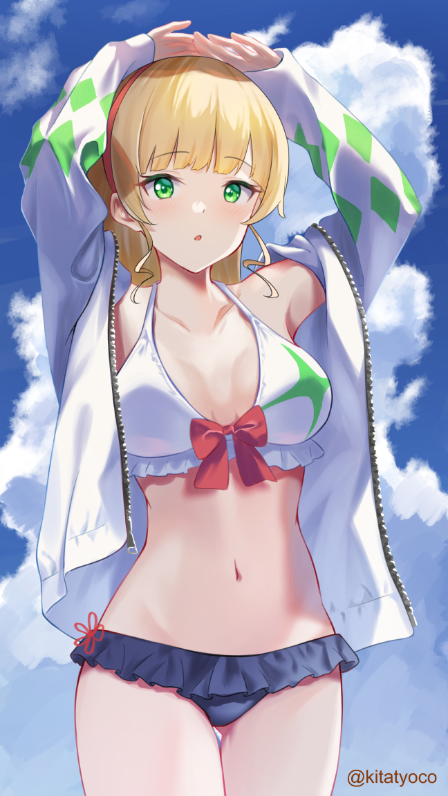 1girl, :o, adapted_costume, arms_up, bangs, bikini, black_bikini, blonde_hair, bow, bow_bikini, breasts, breasts_apart, clouds, cloudy_sky, collarbone, commentary, frilled_bikini, frills, green_eyes, hairband, hajimari_wa_kimi_no_sora, heanna_sumire, jacket, kitatyoco, light_blush, long_hair, looking_at_viewer, love_live!, love_live!_superstar!!, medium_breasts, mismatched_bikini, navel, open_clothes, open_jacket, parted_lips, red_hairband, sidelocks, sky, solo, swimsuit, tsurime, twitter_username, unzipped, white_bikini, white_jacket