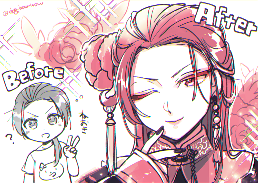 1boy, alternate_costume, alternate_hairstyle, axis_powers_hetalia, before_and_after, bishounen, china_(hetalia), chinese_clothes, crossdressing, dog_bow_wow, earrings, flower, hair_down, hair_flower, hair_ornament, jewelry, lipstick, low_ponytail, makeup, mandarin_collar, monochrome, nail_polish, one_eye_closed, rose, shirt, sleeves_past_wrists, smile, t-shirt, tassel, v