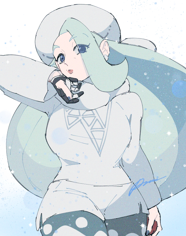1girl, blue_eyes, breasts, commentary_request, cowboy_shot, gloves, hand_up, hat, holding, holding_poke_ball, legwear_under_shorts, long_hair, melony_(pokemon), multicolored_hair, pantyhose, poke_ball, poke_ball_(basic), pokemon, pokemon_(game), pokemon_swsh, sagemaru-br, scarf, shorts, signature, single_glove, solo, streaked_hair, sweater, white_background, white_headwear, white_scarf, white_sweater