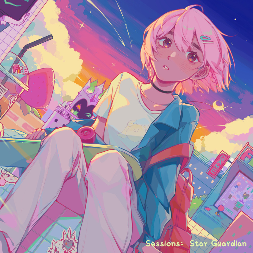 1girl, absurdres, arcade_cabinet, bag, blush, building, city, clouds, cloudy_sky, collared_jacket, colorful, cup, dark-skinned_female, dark_skin, denim, fiddlesticks, food, fruit, hair_ornament, hairclip, highres, jacket, jacket_removed, jeans, league_of_legends, looking_to_the_side, moon_(ornament), pants, pink_eyes, pink_hair, ruan_chen_yue, shirt, short_hair, sign, sitting, skateboard, sky, star_(sky), star_guardian_taliyah, star_nemesis_fiddlesticks, starry_sky, sticker, strawberry, sunset, t-shirt, taliyah