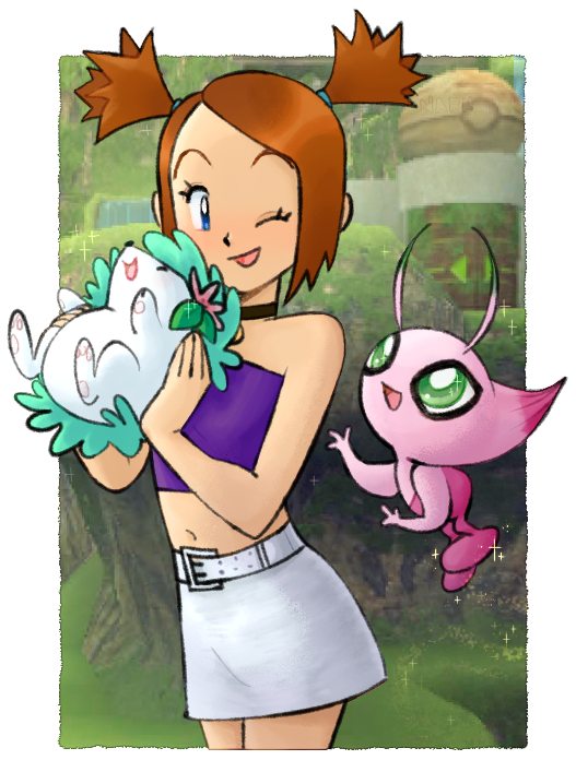 1girl, alternate_color, bare_shoulders, blue_eyes, celebi, crop_top, green_eyes, looking_at_another, nark, navel, one_eye_closed, open_mouth, orange_hair, pokemon, pokemon_(creature), pokemon_(game), pokemon_colosseum, rui_(pokemon), shaymin, shaymin_(land), shiny_pokemon, skirt, smile, twintails, upper_body, white_skirt