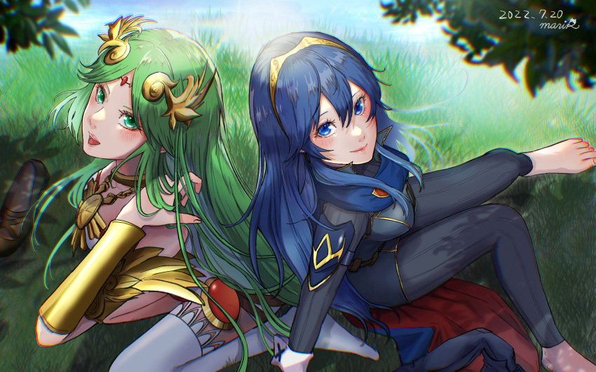 2girls, bangs, bare_shoulders, barefoot, blue_eyes, blue_hair, blush, breasts