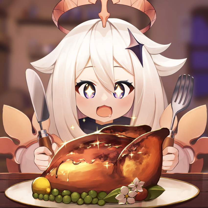 +_+, 1girl, :3, :d, absurdres, bangs, blurry, blurry_background, blush, chicken_(food), drooling, facing_viewer, flower, food, fork, fruit, genshin_impact, hair_flaps, hair_ornament, halo, high_collar, highres, holding, holding_fork, holding_knife, hungry, indoors, knife, kurodae, lemon, mechanical_halo, open_mouth, paimon_(genshin_impact), plate, sauce, smile, solo, star_(symbol), star_hair_ornament, sweet_madame_(genshin_impact), violet_eyes, white_hair