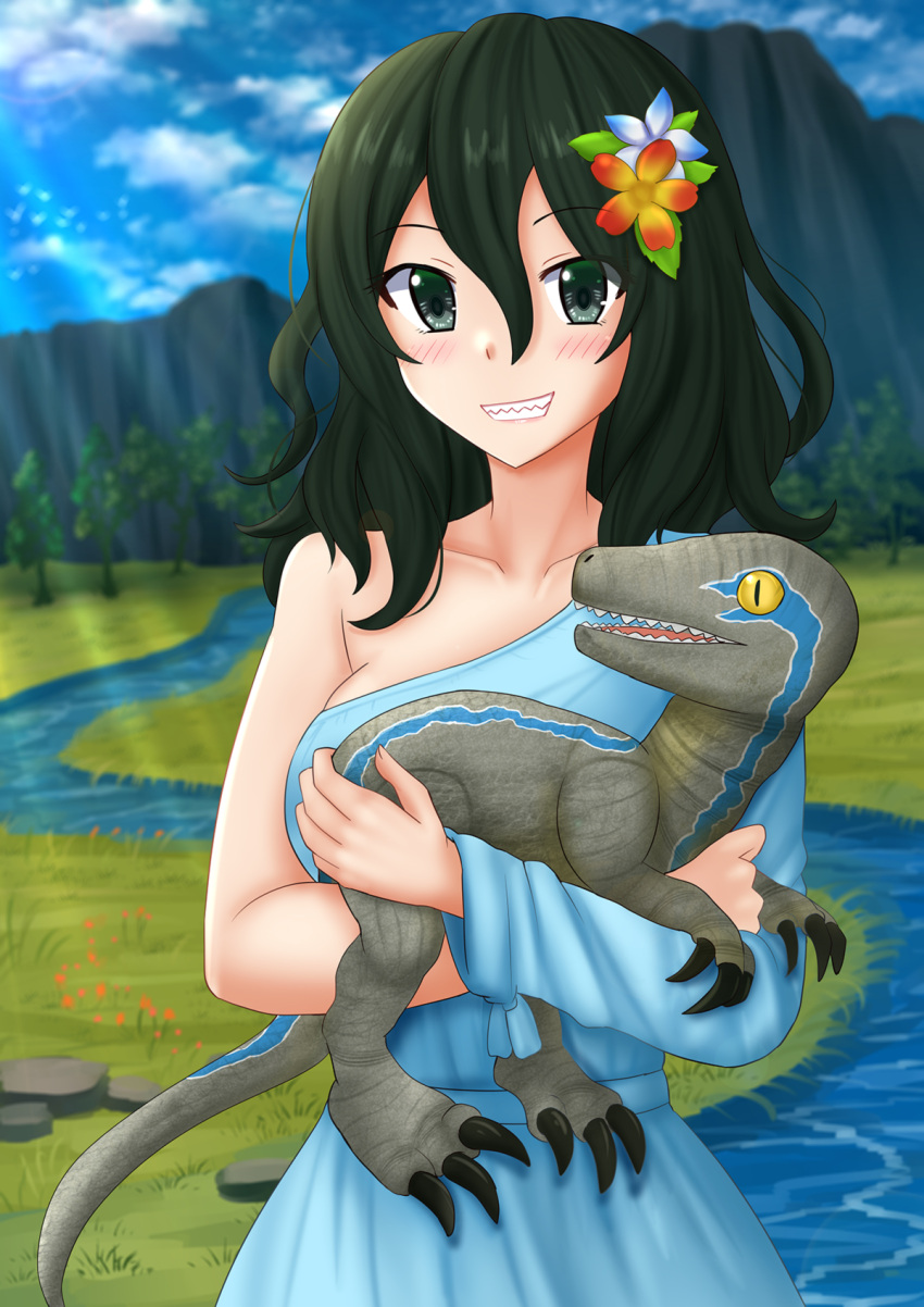 1girl, blue_dress, boku_no_hero_academia, dinosaur, dress, flower, green_eyes, green_hair
