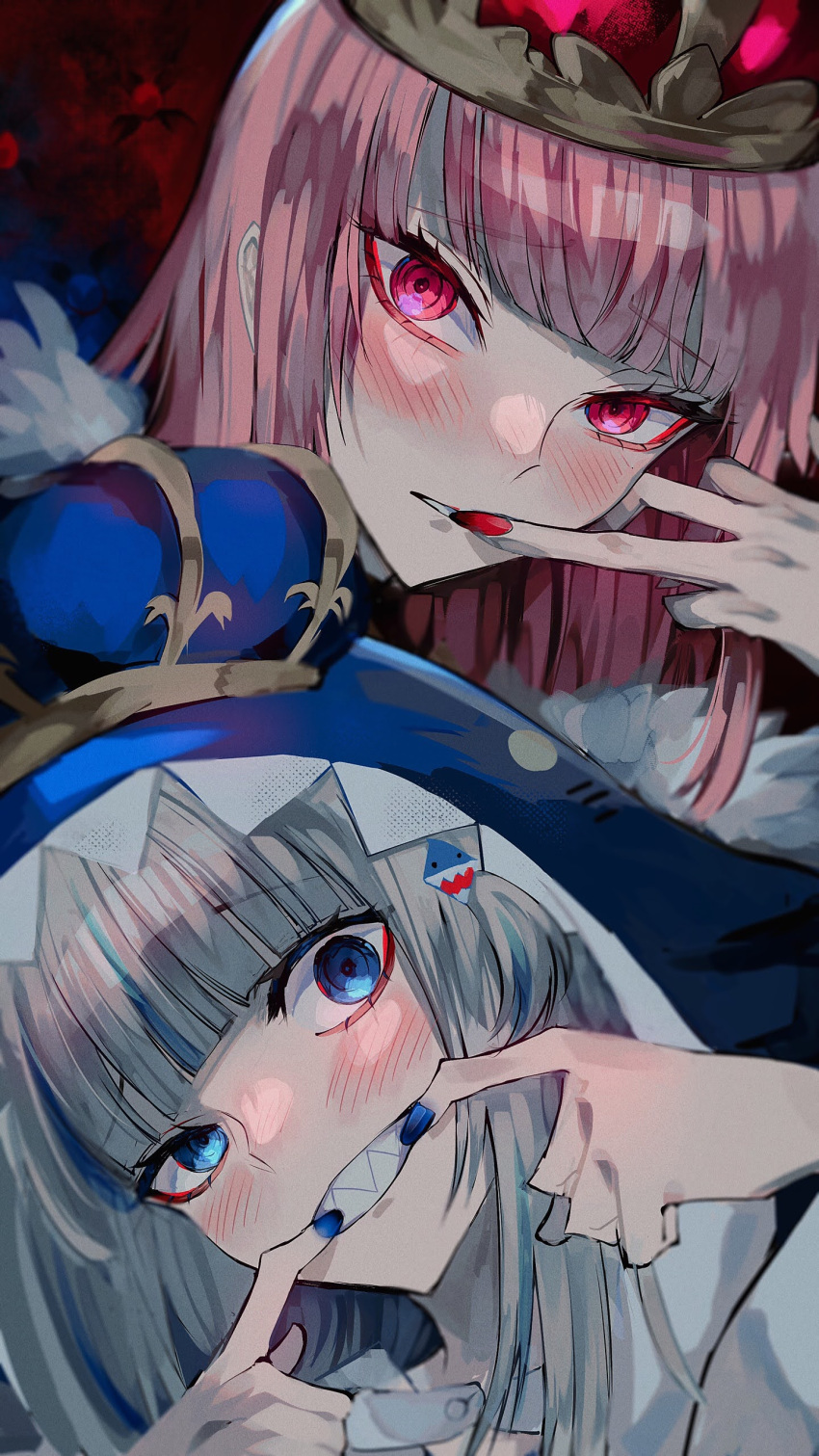 2girls, absurdres, animal_hood, behind_another, blue_eyes, blue_nails, blush, crown