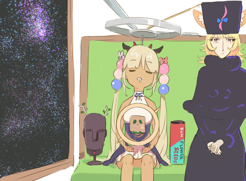 animal_ears, antlers, binaural_microphone, blonde_hair, breasts, ceres_fauna, closed_eyes, club_hair_ornament