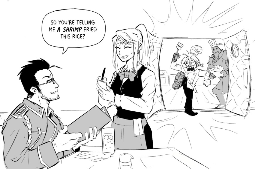 1girl, 3boys, alphonse_elric, alternate_costume, anger_vein, bangs, beard, chef, chef_hat, closed_eyes, commentary, door, edward_elric, english_commentary, english_text, facial_hair, full_body, fullmetal_alchemist, glasses, greyscale, hat, height_conscious, high_ponytail, highres, holding, holding_spatula, jonathan_ying, kicking, maes_hughes, meme, military, military_uniform, monochrome, multiple_boys, open_mouth, rice, short_hair, spatula, table, uniform, waitress, winry_rockbell