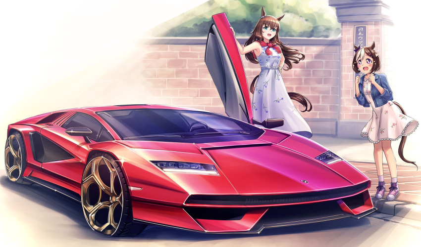 2girls, animal_ears, blue_jacket, blush, brick_wall, brown_hair, car, denim