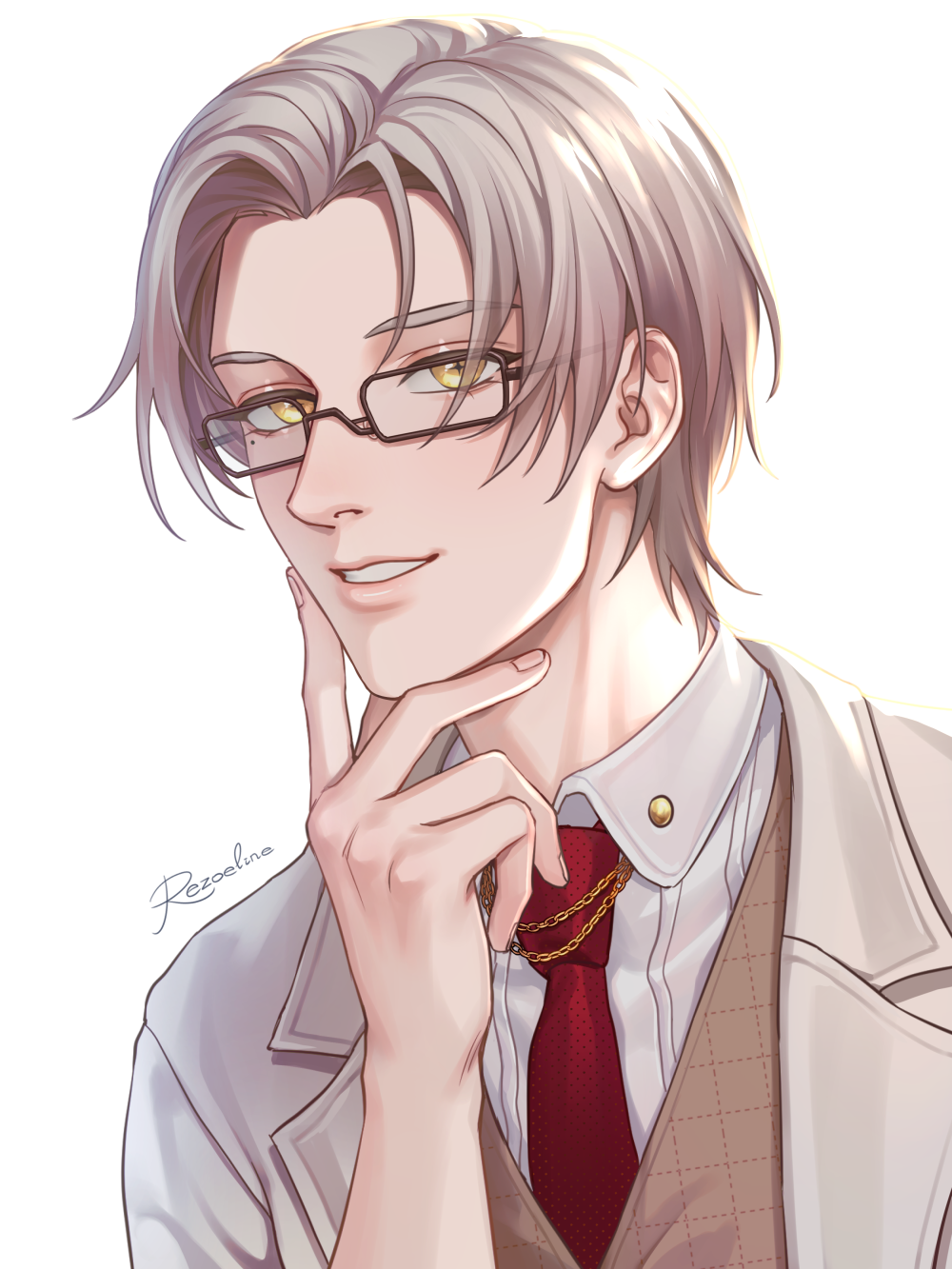1boy, :d, artist_name, bang, coat, collared_shirt, fingernails, glasses, grin, highres, looking_at_viewer, male_focus, mole, mole_under_eye, necktie, open_mouth, red_necktie, rezoeline, shirt, short_hair, simple_background, smile, solo, tears_of_themis, teeth, vyn_richter_(tears_of_themis), white_background, white_coat, white_hair, white_shirt, yellow_eyes