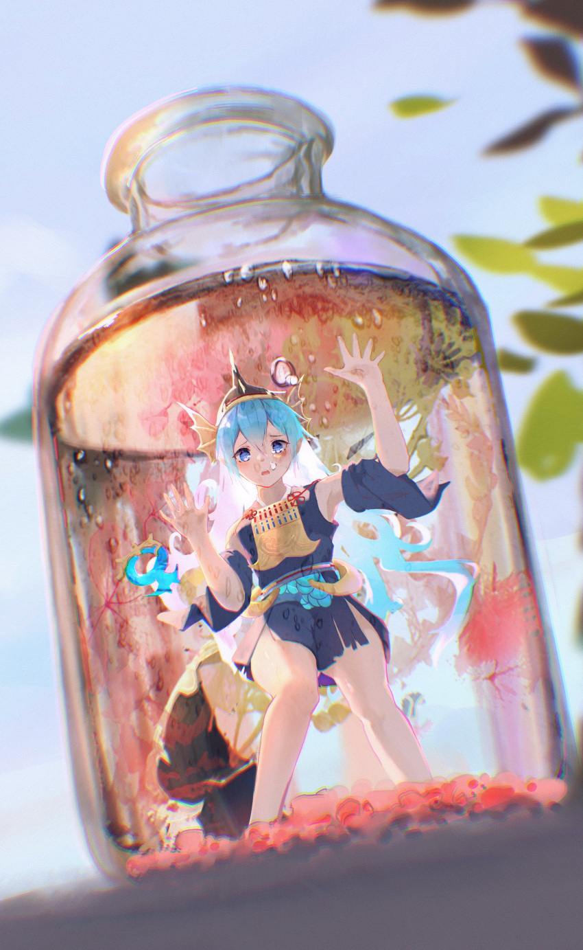 1girl, absurdres, air_bubble, barefoot, blue_eyes, blue_hair, blurry, bottle