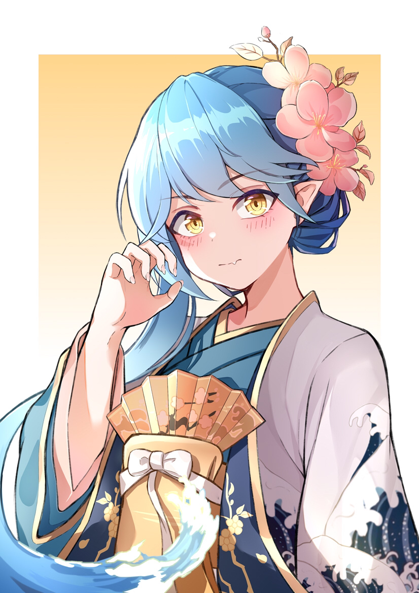 alternate_costume, bai-hyacinth, blue_hair, blush, bow, eyes_visible_through_hair, flower, gradient
